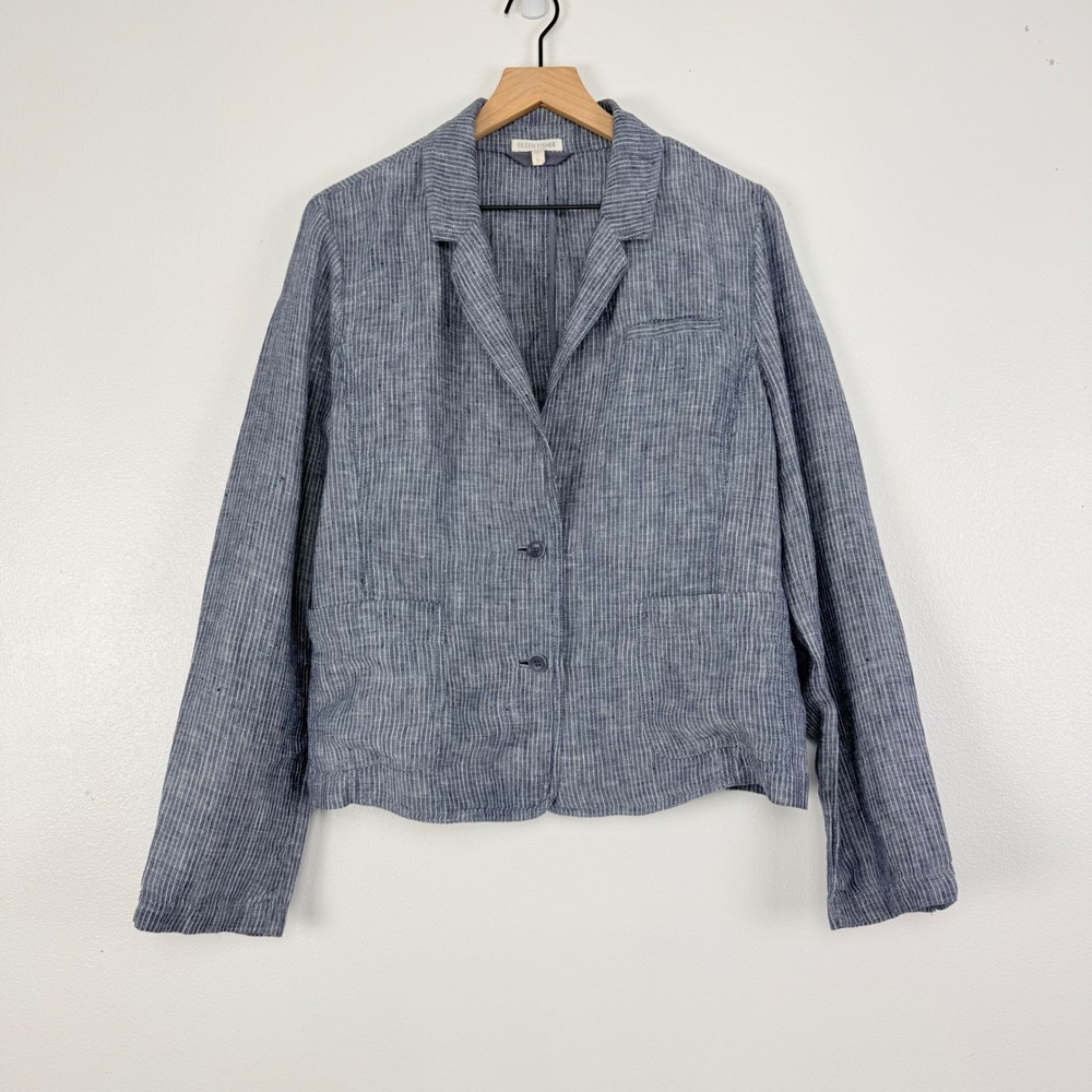 Eileen Fisher Linen Blazer Womens XL Blue Pinstripe 2 Button Patch Pocket Jacket